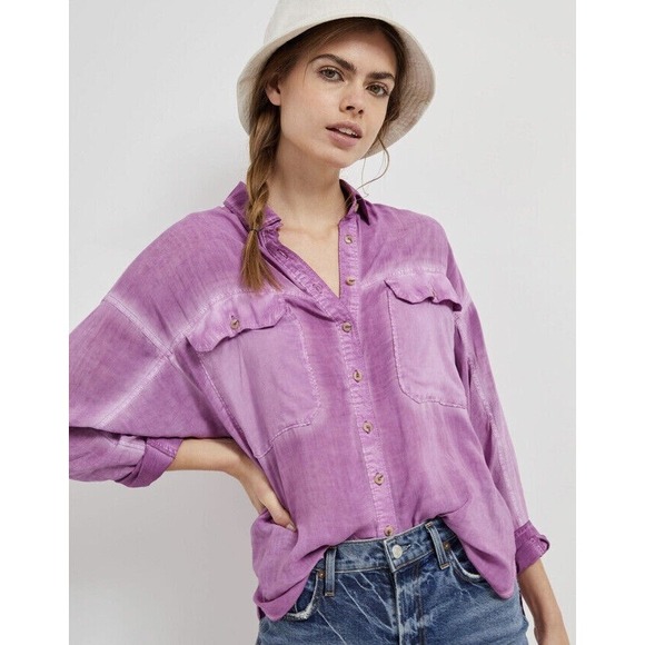 PILCRO Anthropologie Womens Relaxed Joelle Button Down Shirt Sz PM Mulberry NEW - Picture 2 of 12